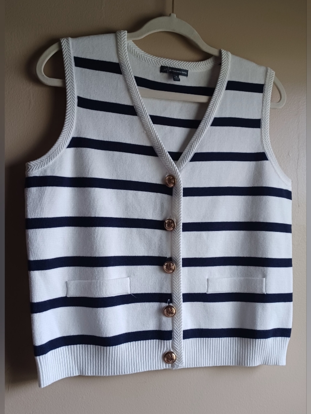 ADRIANA PAPELL nautical Knit Vest In  Ivory & Navy Blue Sz M